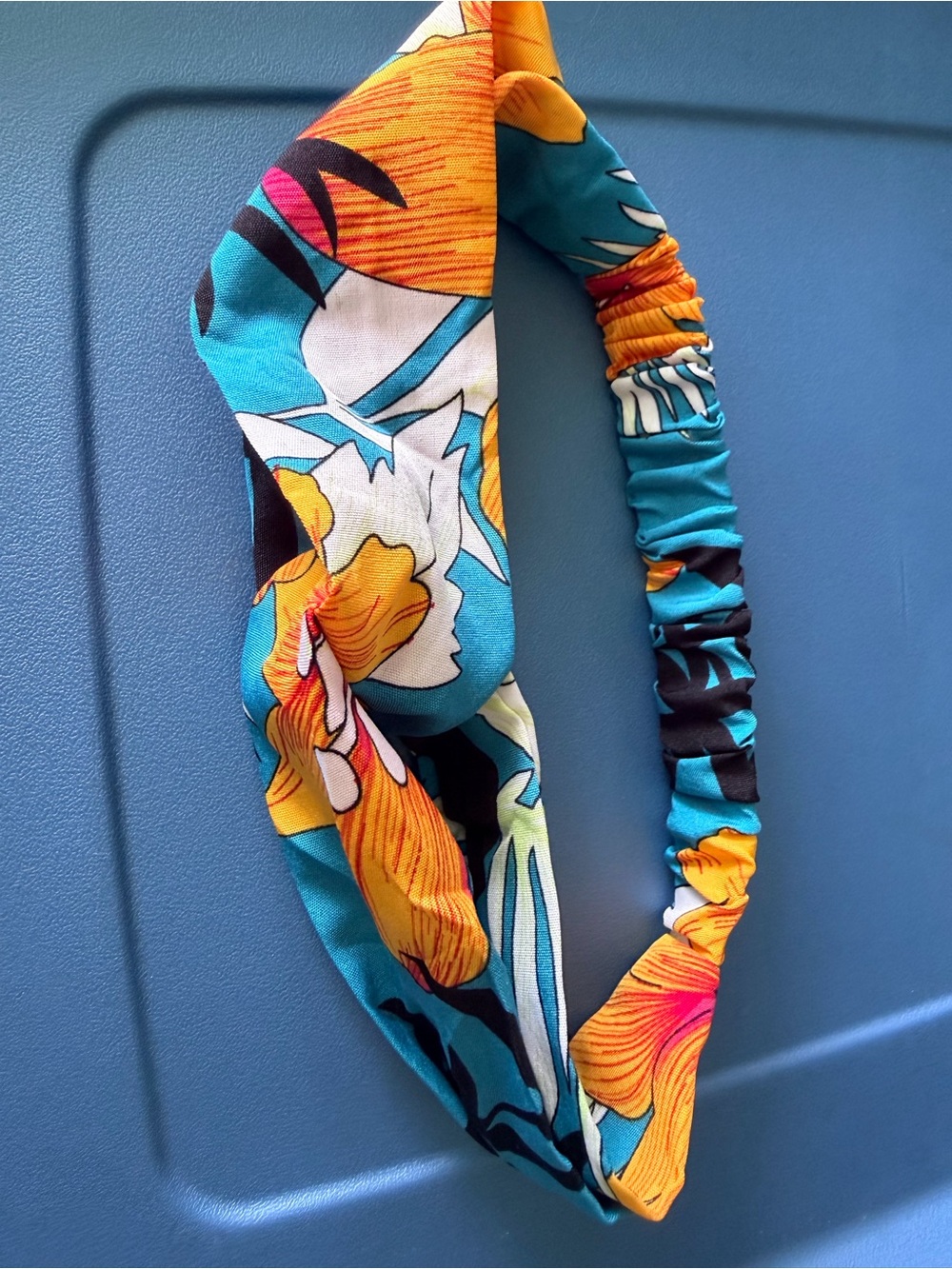 Turquoise Floral Twist Headband with Yellow Accents